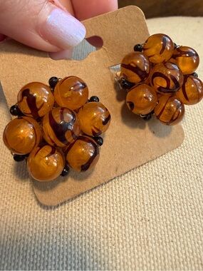 Vintage Amber Glass Cluster Clip-On Earrings